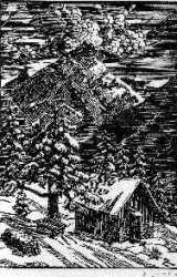 Drzeworyt domku i góry Erzberg wykonany przez Konrada Zuse